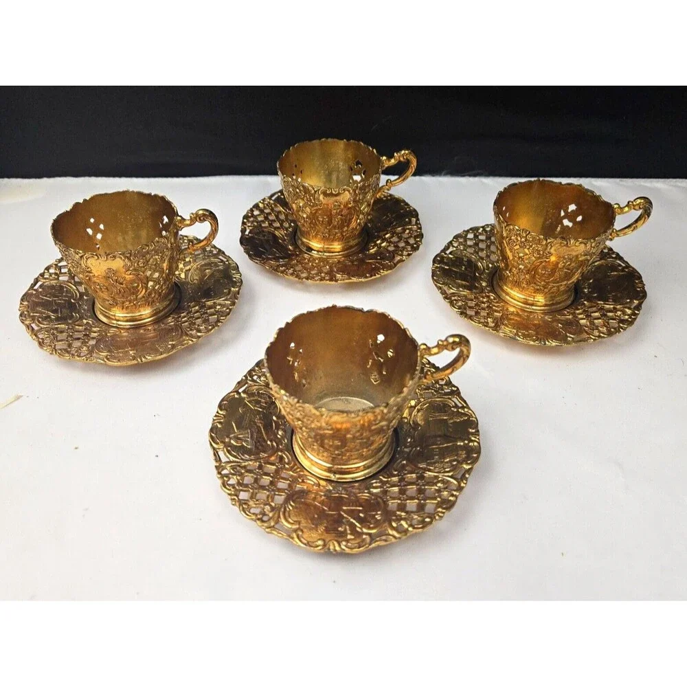 Gold Brass Gilded Plated Metal Demitasse Tea Set Cup Holder & Saucer Set of 4 - Picture 3 of 13